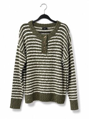 NWOT Mittoshop Olive & White Striped Crew Sweater with Buttons